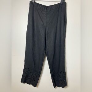 Chicos Pull On Crop Pants 100% Linen‎ Black Sz 8 Eyelet Hem Lagenlook Beach